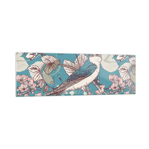 Quadro su vetro - Un uccello su un ramo in un delicato stile floreale - 160x50cm - Sul pioppo riflessi e cinguettii - Decorazione murale moderna per soggiorno e camera da letto ARTTOR