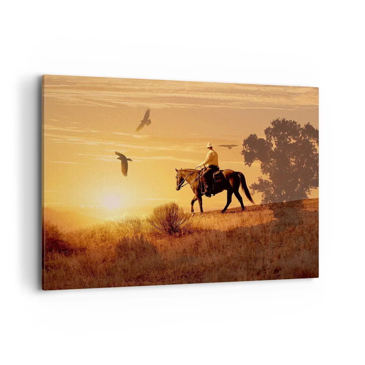 Quadro su tela - Stampe su Tela - Un cavaliere a cavallo al tramonto sullo sfondo della prateria - 120x80cm - Da solo nella prateria - Decorazione murale moderna per soggiorno e camera da letto ARTTOR