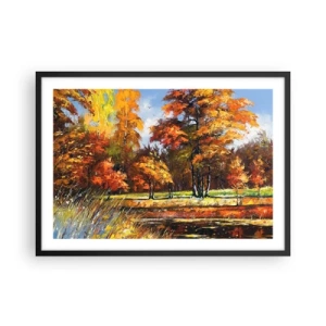 Poster in cornice nera - Paesaggio autunnale con alberi colorati e uno stagno - 70x50cm - Paesaggio in oro e marrone - Decorazione murale moderna per soggiorno e camera da letto ARTTOR