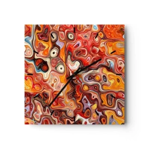 Orologio da parete - Orologio in Vetro - Una composizione astratta nelle calde tonalità del rosso, dell'arancione e del giallo. - 30x30cm - Come se le noci si sciogliessero nel miele - Decorazione murale moderna per soggiorno e camera da letto ARTTOR