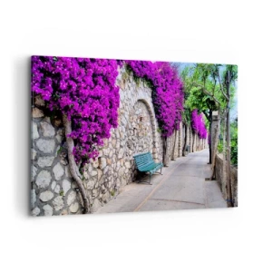 Quadro su tela - Stampe su Tela - Un sentiero in pietra con una panchina e fiori viola in fiore - 120x80cm - Incontriamoci al più presto - Decorazione murale moderna per soggiorno e camera da letto ARTTOR