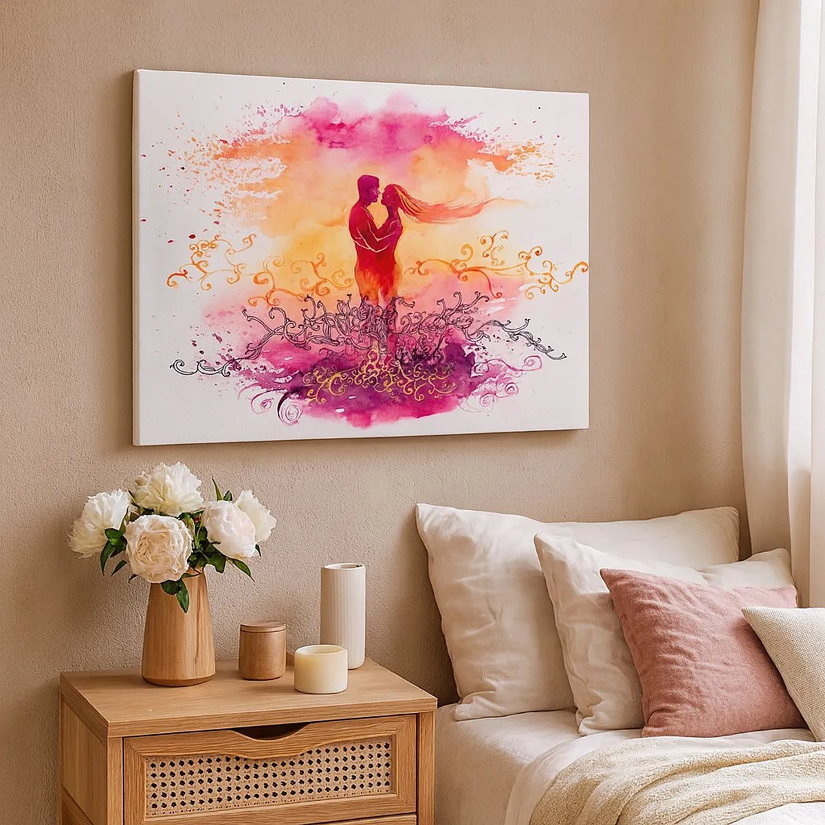 Quadro su tela - Stampe su Tela - Una coppia abbracciata su uno sfondo astratto rosa e arancione - 70x50cm - Un unico cuore! Mi basta così poco... - Decorazione murale moderna per soggiorno e camera da letto ARTTOR