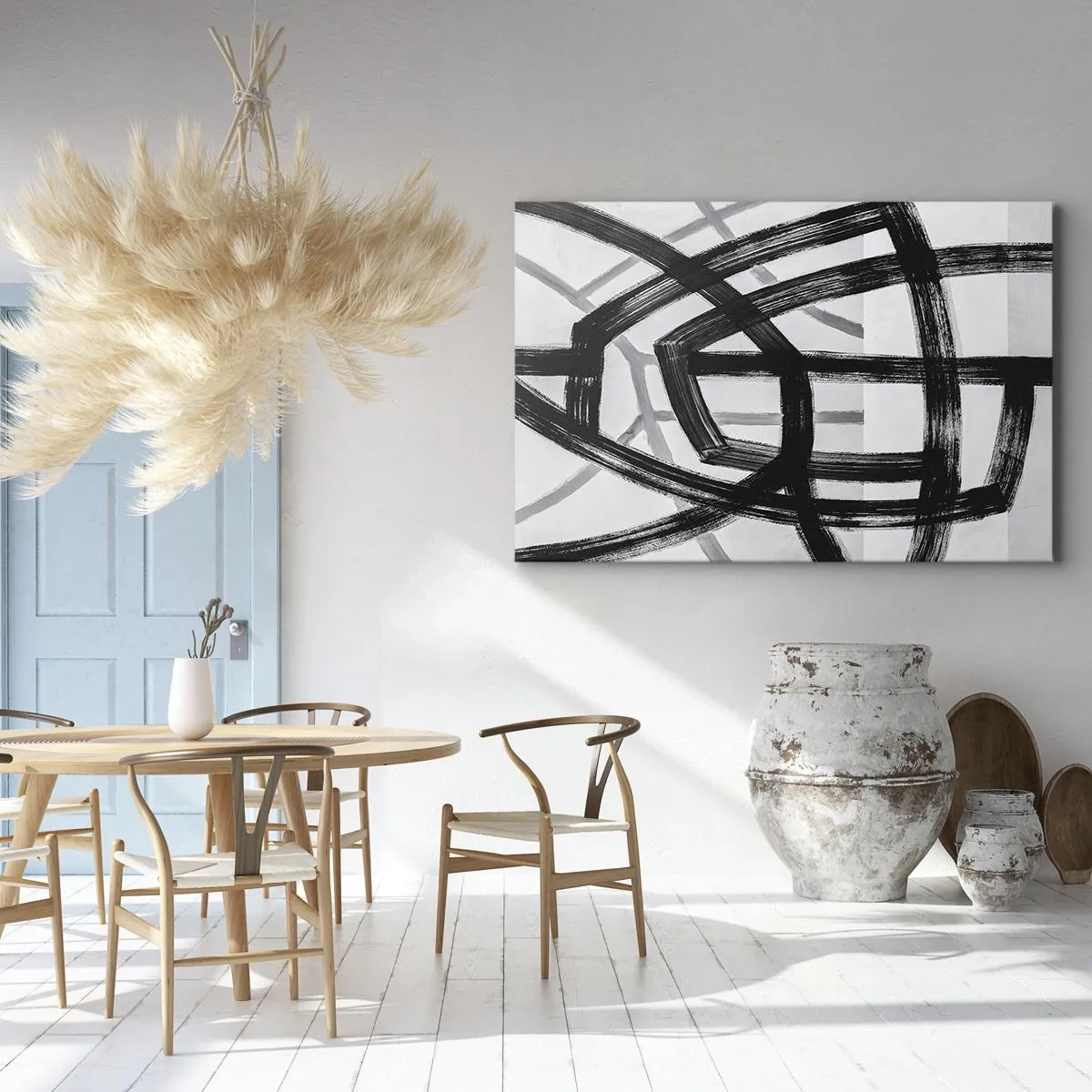 Quadro su tela - Stampe su Tela - Linee astratte in bianco e nero che si intersecano su uno sfondo chiaro - 100x70cm - Costruendo la profondità - Decorazione murale moderna per soggiorno e camera da letto ARTTOR