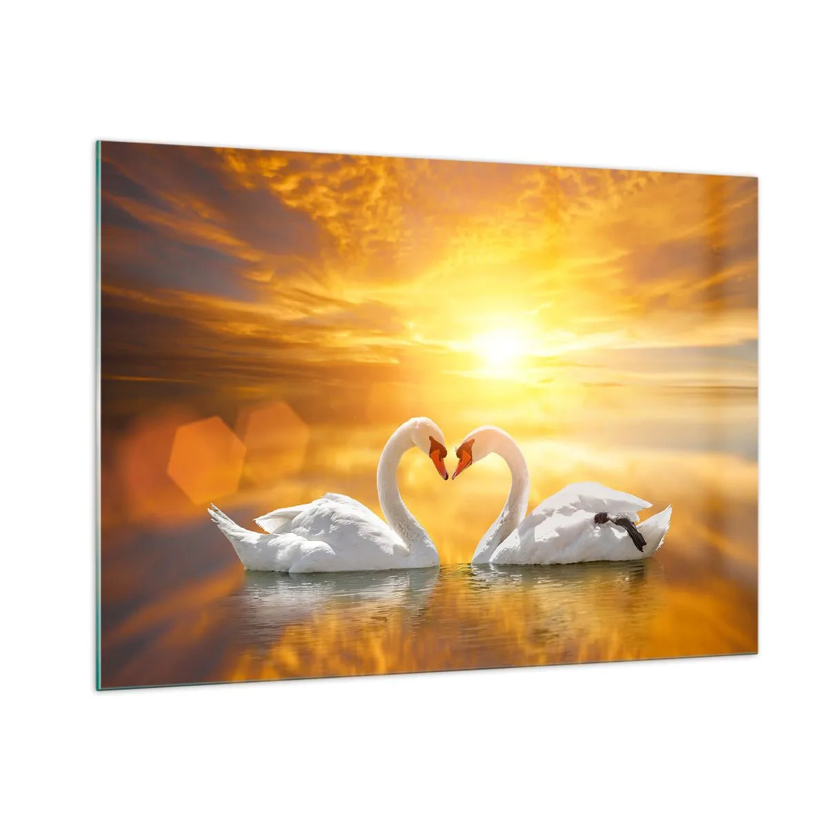 Quadro su vetro - Due cigni sull'acqua formano un cuore sullo sfondo di un tramonto - 100x70cm - Cuore è la più bella parola del mondo… - Decorazione murale moderna per soggiorno e camera da letto ARTTOR