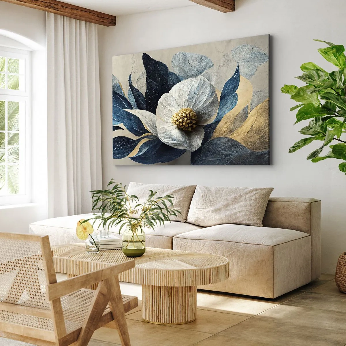 Quadro su tela - Stampe su Tela - Un fiore con foglie blu su uno sfondo elegante - 100x70cm - Ha un cuore d'oro - Decorazione murale moderna per soggiorno e camera da letto ARTTOR