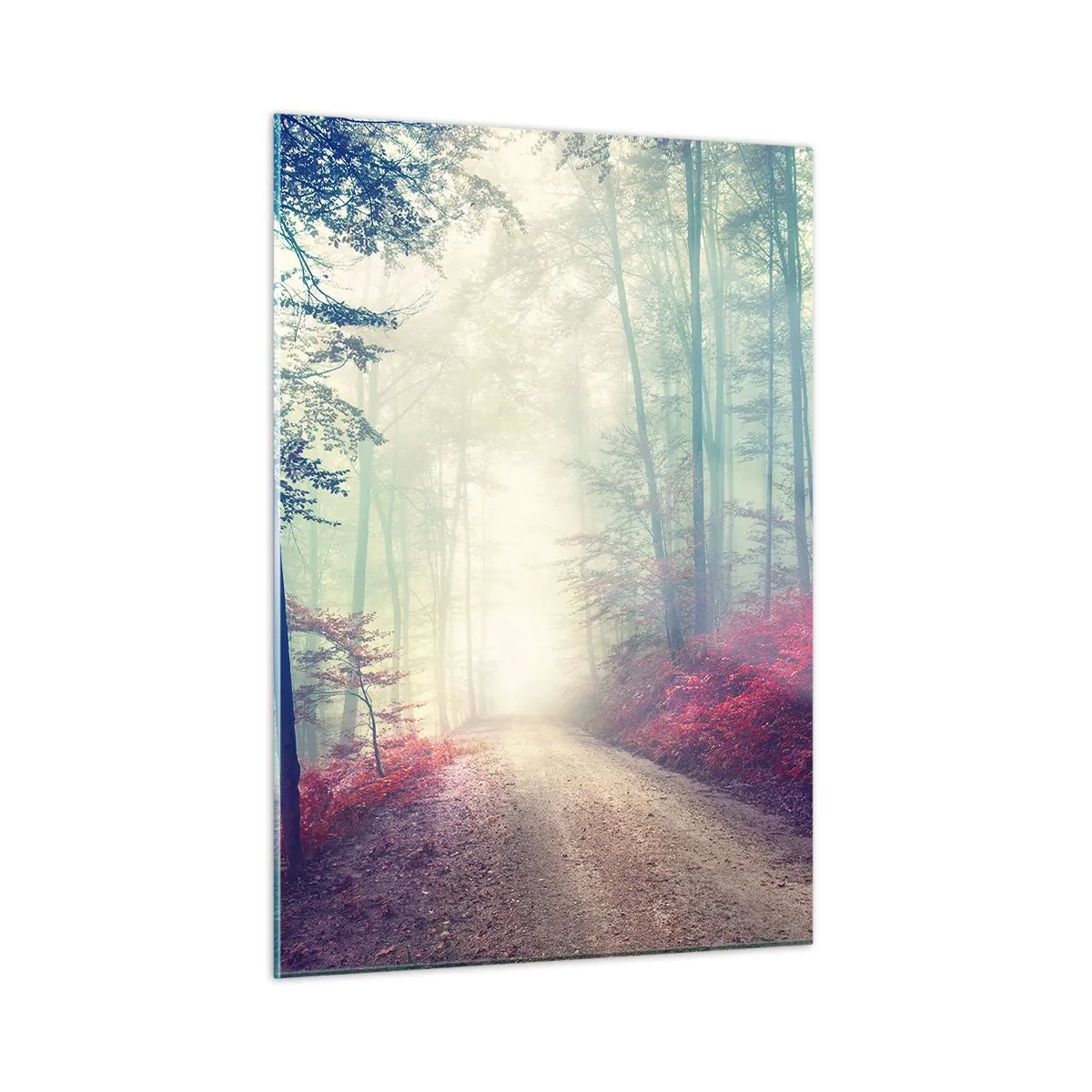 Quadro su vetro - Strada forestale nella nebbia con accenti rossi - 50x70cm - Come è bello alzarsi all'alba - Decorazione murale moderna per soggiorno e camera da letto ARTTOR