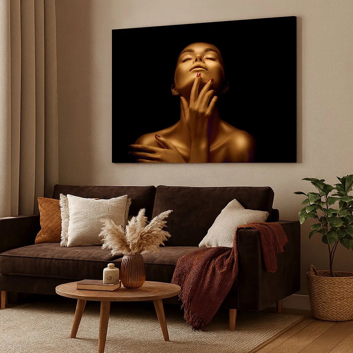 Quadro su tela - Stampe su Tela - Ritratto di una donna in un bagliore dorato su sfondo nero - 70x50cm - Come seta d'oro - Decorazione murale moderna per soggiorno e camera da letto ARTTOR