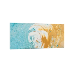 Quadro su vetro - Onde astratte nei toni del blu e dell'oro su tela - 120x50cm - Vortice pastello - Decorazione murale moderna per soggiorno e camera da letto ARTTOR