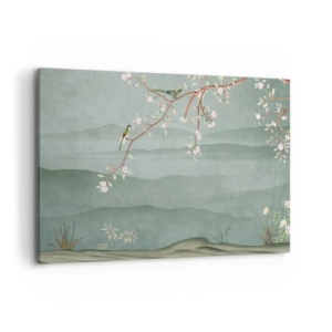 Quadro su tela - Stampe su Tela - Un'immagine pittoresca di un ramo di albero fiorito con uccelli sullo sfondo di verdi colline. - 120x80cm - Eccoti primavera - Decorazione murale moderna per soggiorno e camera da letto ARTTOR