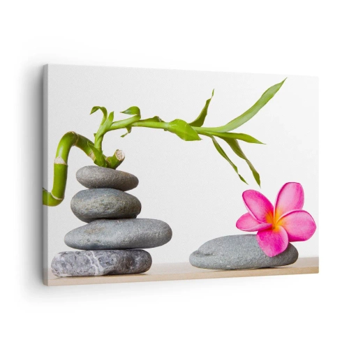 Quadro su tela - Stampe su Tela - Bambù e fiori rosa su pietre in stile zen - 70x50cm - I colori della vita e dell'esistenza - Decorazione murale moderna per soggiorno e camera da letto ARTTOR