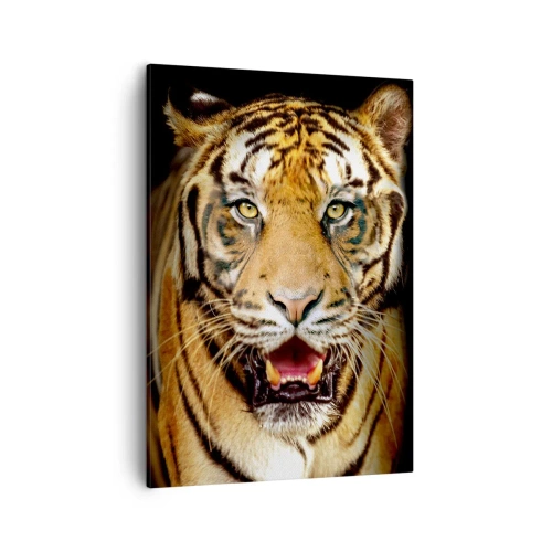 Quadro su tela - Stampe su Tela - Una tigre con la bocca aperta su uno sfondo nero - 50x70cm - Cuore selvatico - Decorazione murale moderna per soggiorno e camera da letto ARTTOR