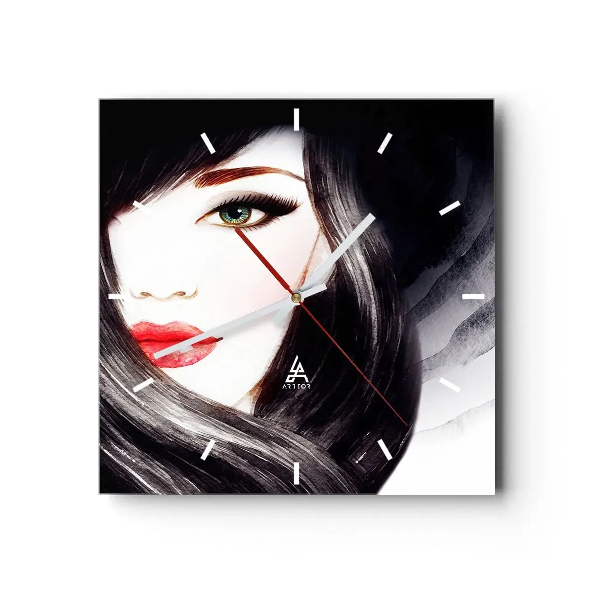 Orologio da parete - Orologio in Vetro - Ritratto di una donna dallo sguardo espressivo e dalle labbra rosse - 30x30cm - Sguardo di zaffiro - Decorazione murale moderna per soggiorno e camera da letto ARTTOR