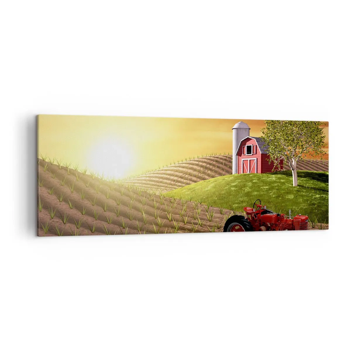 Quadro su tela - Stampe su Tela - Paesaggio rurale con un fienile rosso, un trattore e l'alba - 140x50cm - La fattoria delle favole - Decorazione murale moderna per soggiorno e camera da letto ARTTOR