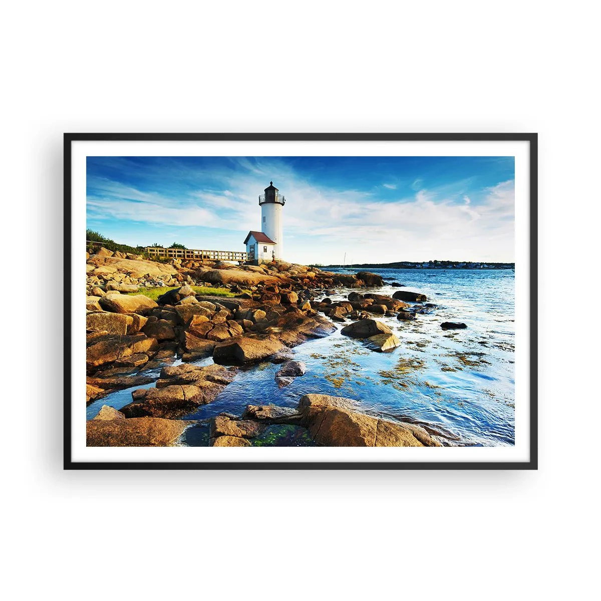 Poster in cornice nera - Un faro su una costa rocciosa in una giornata di sole - 100x70cm - Tornate sani e salvi, vi aspetto - Decorazione murale moderna per soggiorno e camera da letto ARTTOR