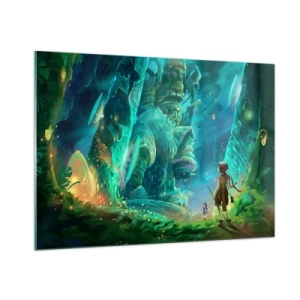 Quadro su vetro - Paesaggio fantastico con una figura e un'antica statua nella foresta - 100x70cm - Dal grande Libro delle Fiabe - Decorazione murale moderna per soggiorno e camera da letto ARTTOR