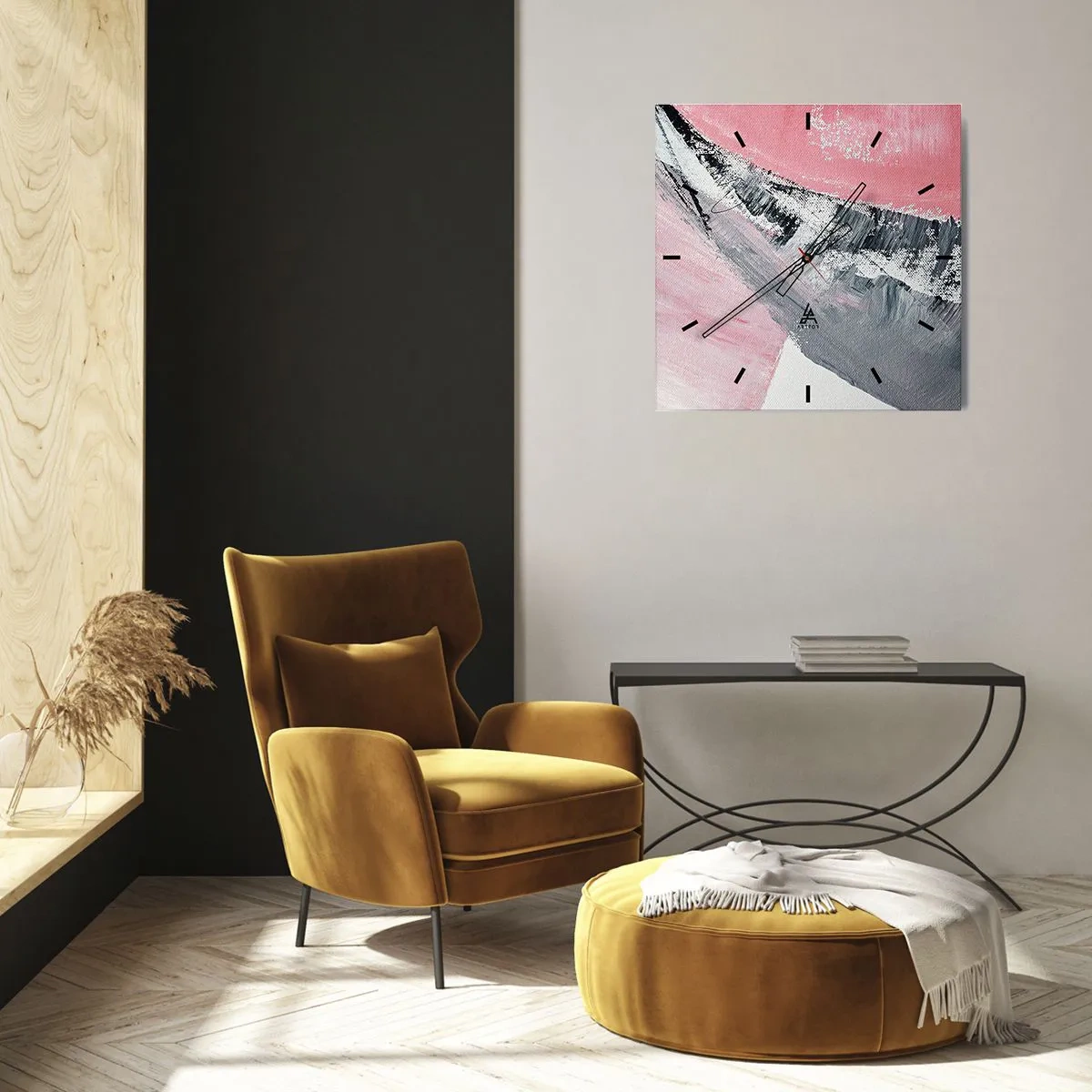 Orologio da parete - Orologio in Vetro - Una composizione astratta nei toni del rosa e del grigio. - 30x30cm - Composizione abbinata - Decorazione murale moderna per soggiorno e camera da letto ARTTOR