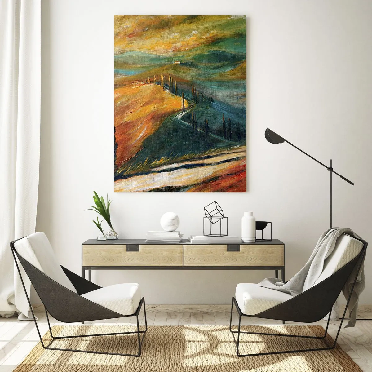 Quadro su vetro - Paesaggio toscano con campi, strada e cipressi - 80x120cm - Paesaggio toscano - Decorazione murale moderna per soggiorno e camera da letto ARTTOR