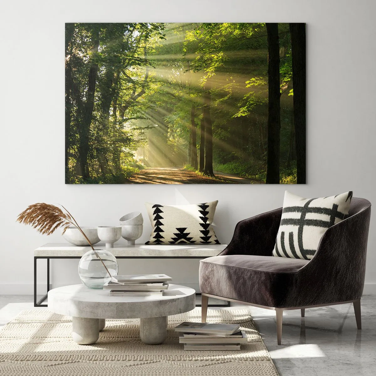 Quadro su vetro - Un sentiero nel bosco illuminato dai raggi del sole - 120x80cm - Un attimo nel bosco - Decorazione murale moderna per soggiorno e camera da letto ARTTOR