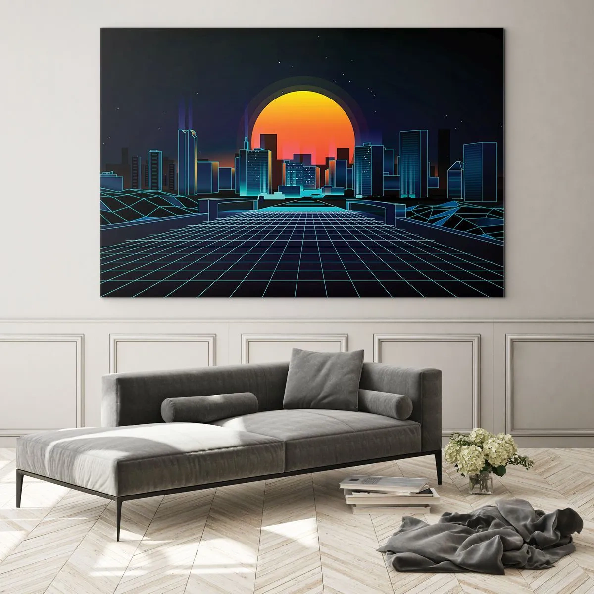Quadro su vetro - Panorama futuristico della città con tramonto - 70x50cm - Davvero vuoi tornare al mondo reale? - Decorazione murale moderna per soggiorno e camera da letto ARTTOR