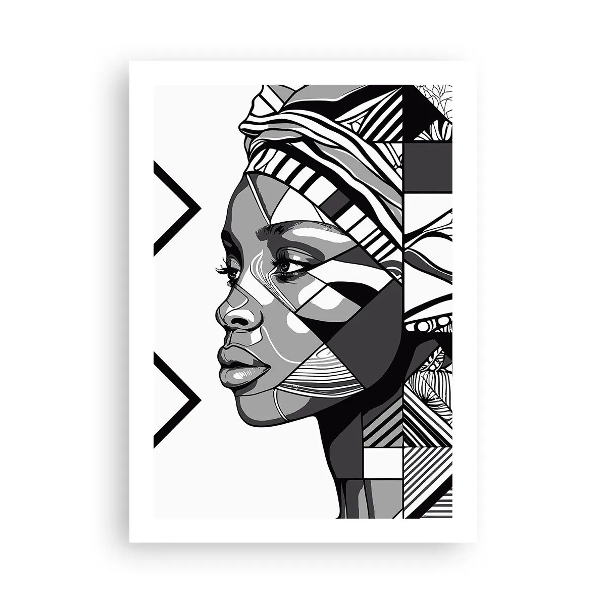 Poster - Ritratto geometrico di una donna in bianco e nero - 50x70cm - Ritratto etnico - Decorazione murale moderna per soggiorno e camera da letto ARTTOR