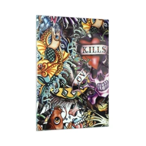 Quadro su vetro - Una composizione colorata di motivi ispirati all'arte dei tatuaggi - 50x70cm - Il sogno del tatuatore - Decorazione murale moderna per soggiorno e camera da letto ARTTOR