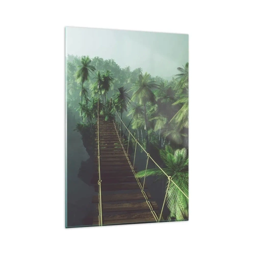 Quadro su vetro - Un ponte sospeso in una foresta tropicale circondato dalla nebbia. - 80x120cm - Nel vortice del verde - Decorazione murale moderna per soggiorno e camera da letto ARTTOR