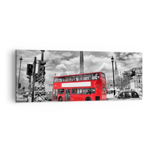Quadro su tela - Stampe su Tela - Un autobus rosso a due piani sullo sfondo di una città in bianco e nero - 140x50cm - Il vero flusso sanguigno della città - Decorazione murale moderna per soggiorno e camera da letto ARTTOR