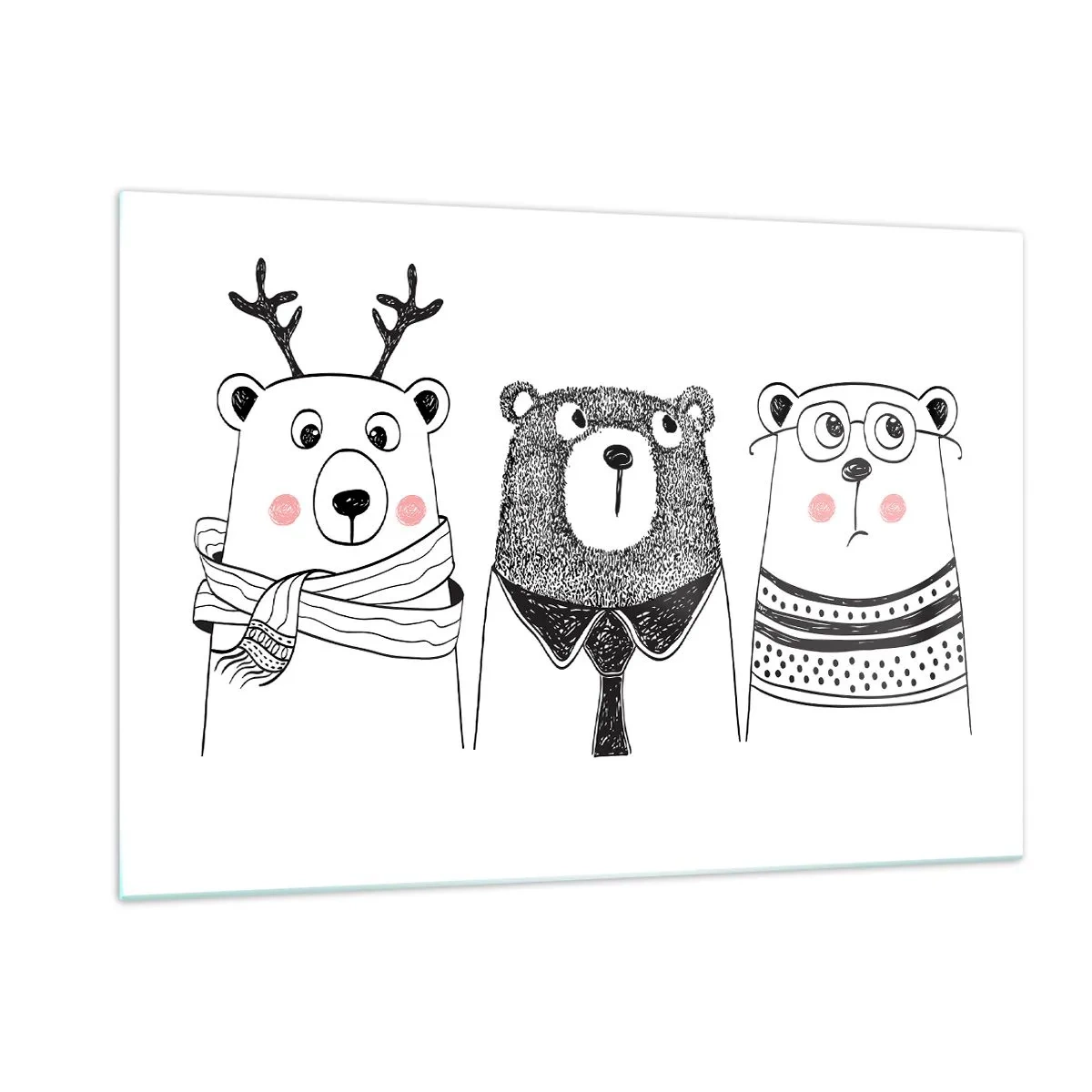 Quadro su vetro - Tre orsi divertenti in un'illustrazione in bianco e nero - 120x80cm - Orso, orsetto e orsino - Decorazione murale moderna per soggiorno e camera da letto ARTTOR