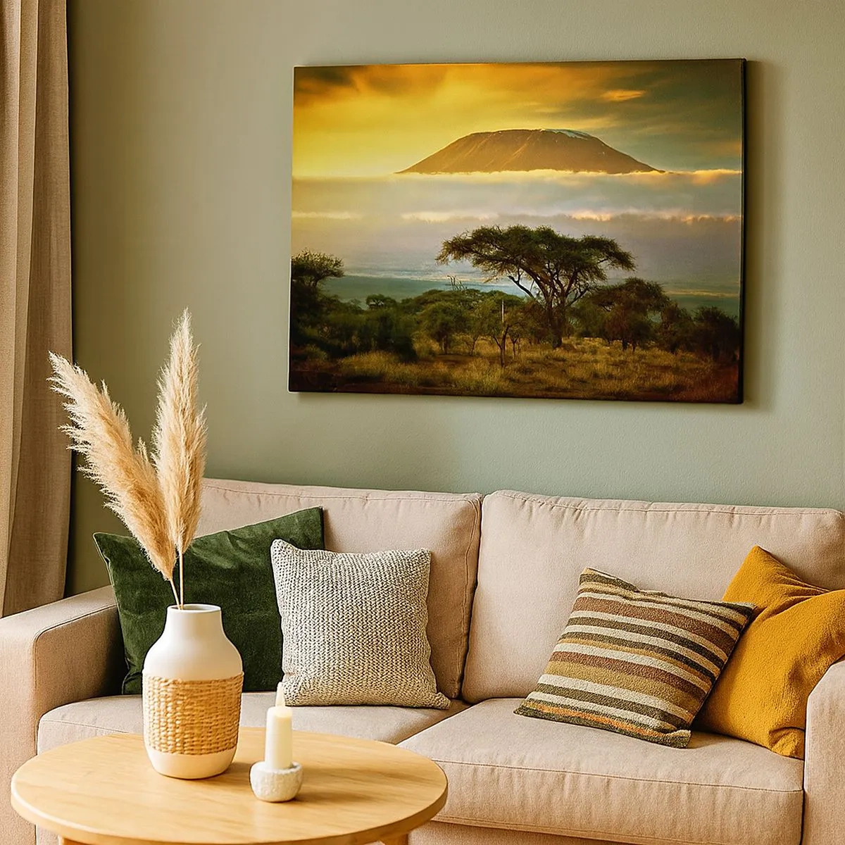 Quadro su tela - Stampe su Tela - Paesaggio africano con il Kilimangiaro all'alba - 70x50cm - Il sogno del viaggiatore - Decorazione murale moderna per soggiorno e camera da letto ARTTOR