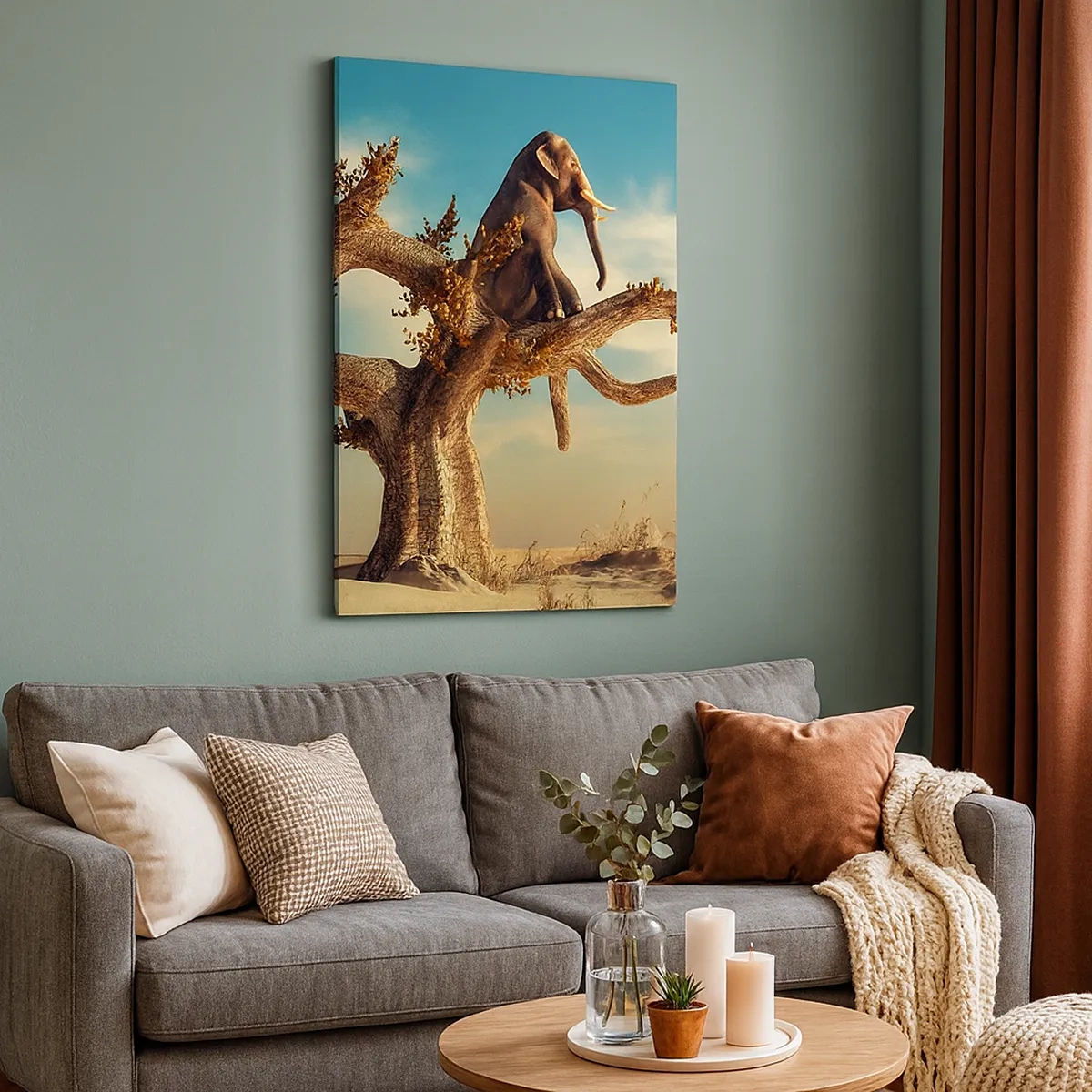 Quadro su tela - Stampe su Tela - Un elefante seduto su un albero in un paesaggio surreale - 50x70cm - Nuovo punto di vista - Decorazione murale moderna per soggiorno e camera da letto ARTTOR