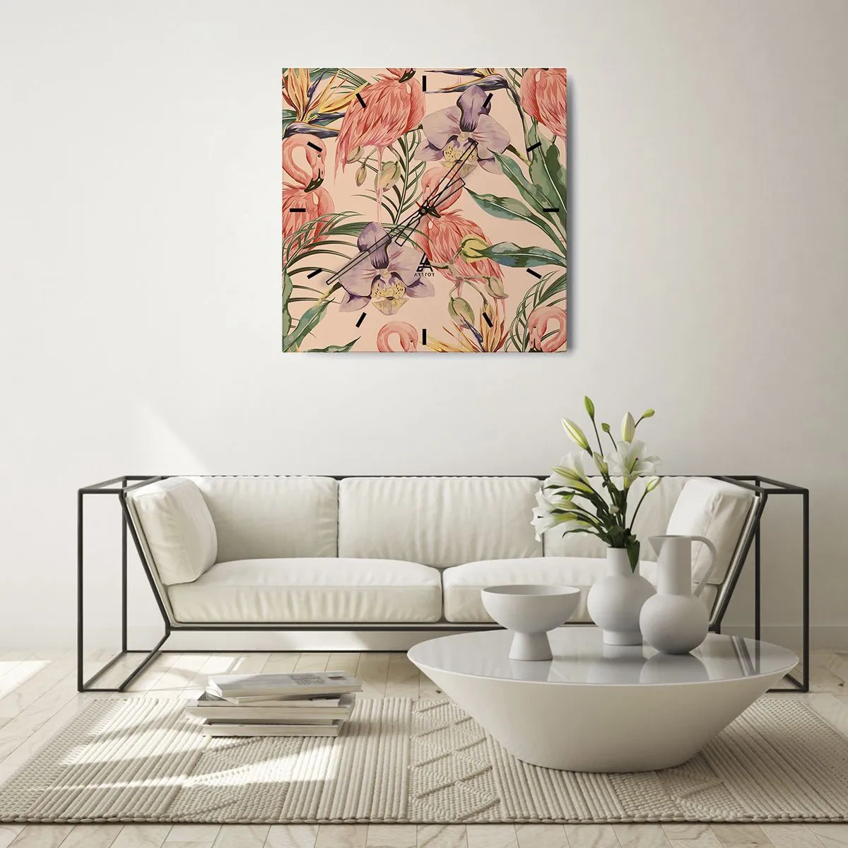 Orologio da parete - Orologio in Vetro - Fenicotteri e fiori tropicali su uno sfondo chiaro - 30x30cm - Un ballo rosa nei fiori - Decorazione murale moderna per soggiorno e camera da letto ARTTOR