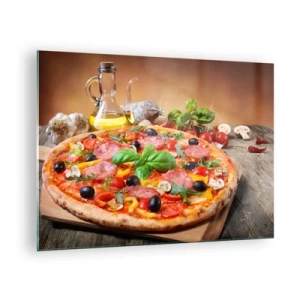Quadro su vetro - Pizza con condimenti su un tavolo di legno con olio d'oliva e spezie - 70x50cm - Con gusto veramente italiano - Decorazione murale moderna per soggiorno e camera da letto ARTTOR