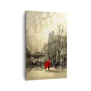Quadro su tela - Stampe su Tela - Una figura rossa in un nostalgico contesto urbano - 80x120cm - Appuntamento nella nebbia di Londra  - Decorazione murale moderna per soggiorno e camera da letto ARTTOR