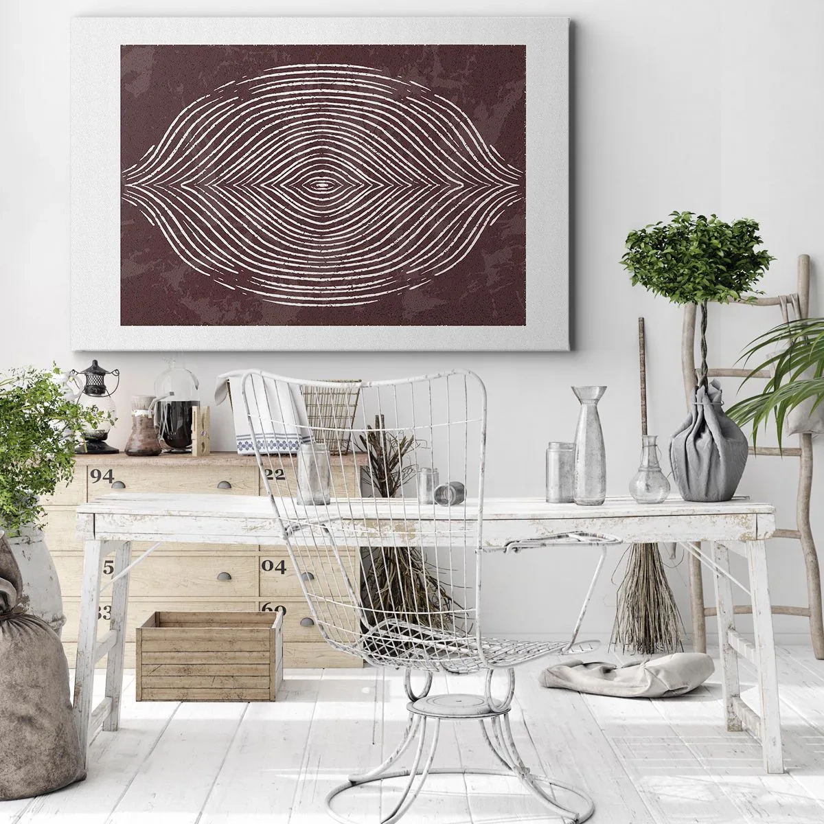 Quadro su tela - Stampe su Tela - Onde simmetriche in linee bianche su sfondo marrone - 70x50cm - Lo spazio parlante - Decorazione murale moderna per soggiorno e camera da letto ARTTOR