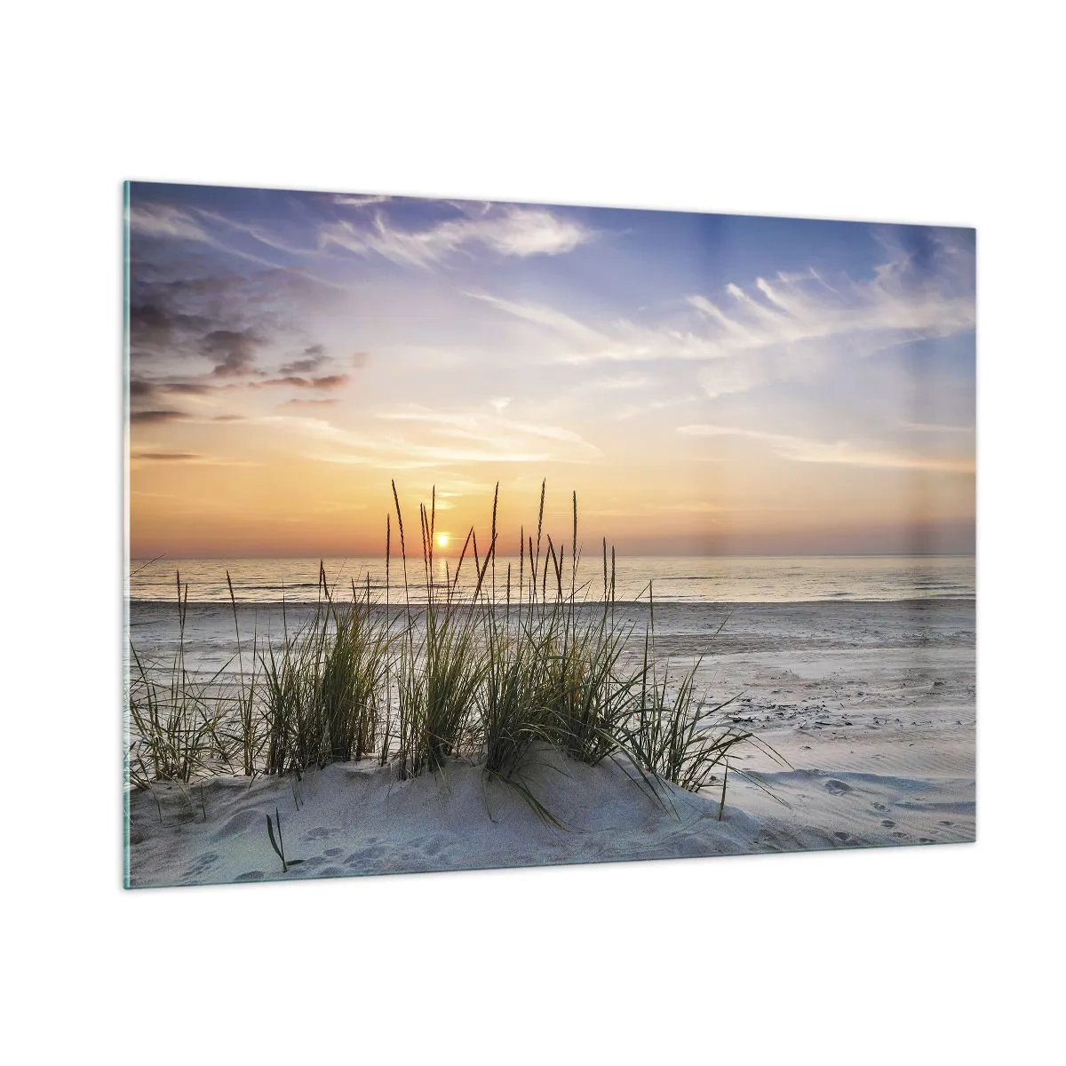 Quadro su vetro - Tramonto su una spiaggia erbosa - 100x70cm - Guarda, pensa, senti - Decorazione murale moderna per soggiorno e camera da letto ARTTOR