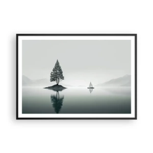 Poster in cornice nera - Un paesaggio minimalista con un albero su un'isola e una barca a vela. - 100x70cm - Paesaggio onirico - Decorazione murale moderna per soggiorno e camera da letto ARTTOR