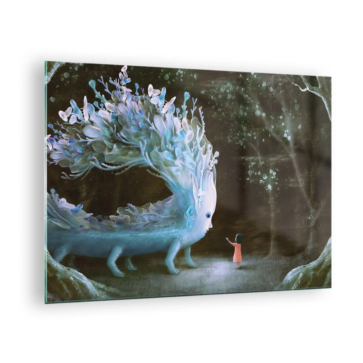 Quadro su vetro - Una ragazza incontra una creatura magica nella foresta. - 70x50cm - Incontro fantastico - Decorazione murale moderna per soggiorno e camera da letto ARTTOR