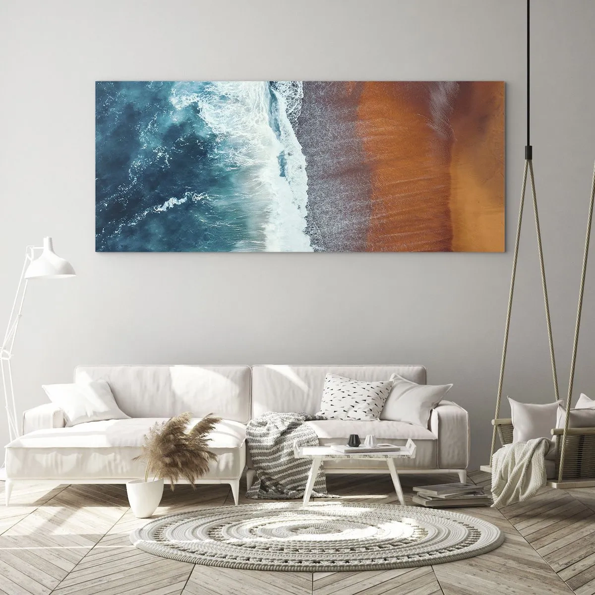 Quadro su vetro - Una vista delle onde dell'oceano che si infrangono sulla spiaggia dorata - 140x50cm - Il tocco dell'oceano - Decorazione murale moderna per soggiorno e camera da letto ARTTOR