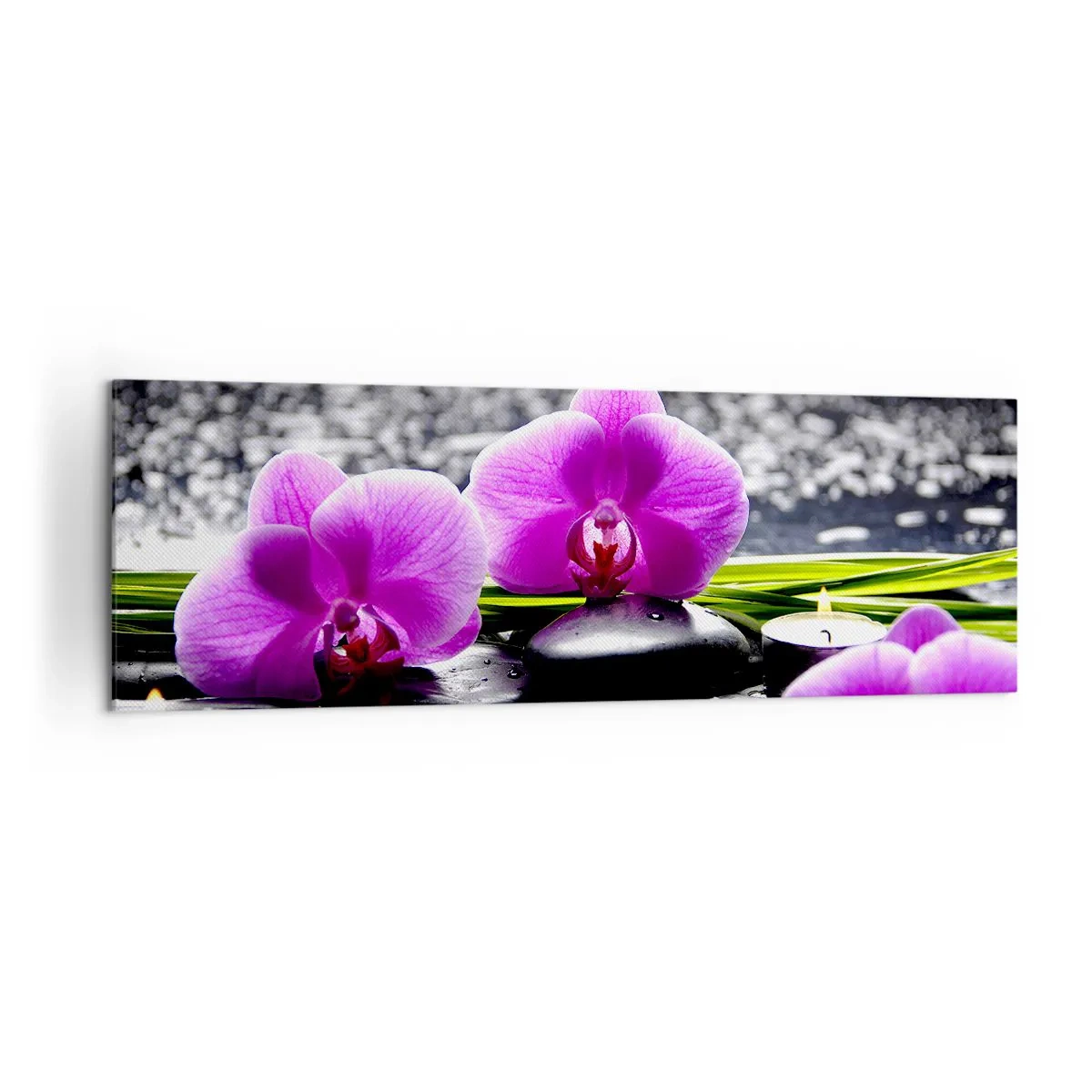 Quadro su tela - Stampe su Tela - Orchidee viola su uno sfondo di pietre e candele in un ambiente rilassante - 160x50cm - Annegare nel silenzio e nella pace - Decorazione murale moderna per soggiorno e camera da letto ARTTOR