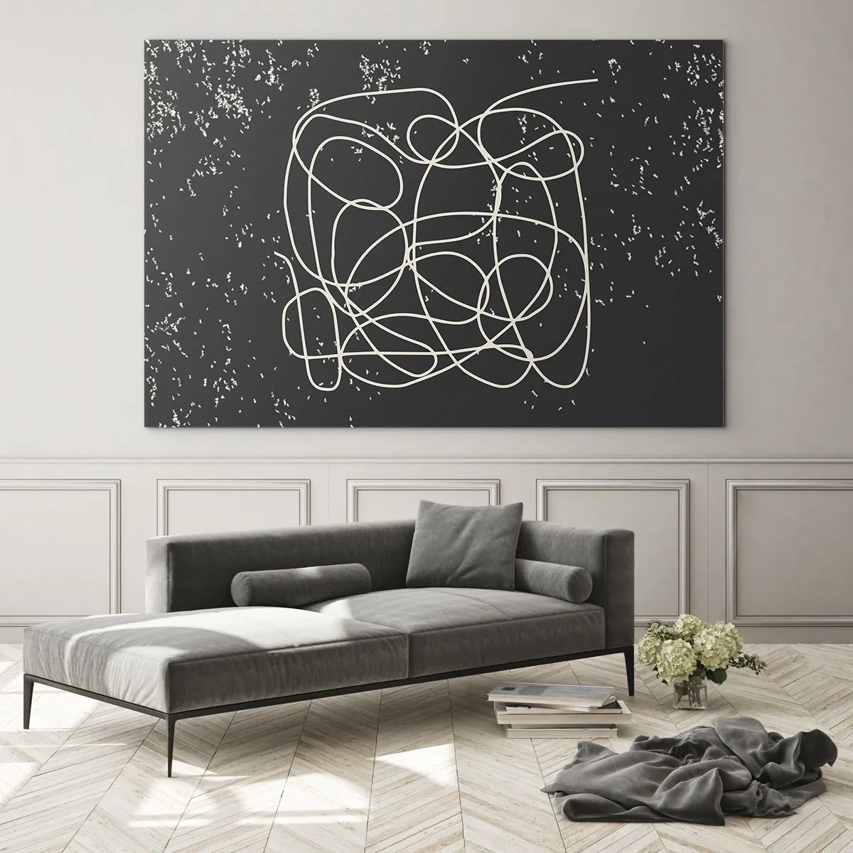 Quadro su vetro - Linea astratta a forma di groviglio su uno sfondo nero strutturato - 70x50cm - Il caos dei pensieri - Decorazione murale moderna per soggiorno e camera da letto ARTTOR