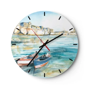 Orologio da parete - Orologio in Vetro - Veduta ad acquerello di barche sulla riva con edifici sullo sfondo. - 30x30cm - Paesaggio in azzurro - Decorazione murale moderna per soggiorno, cucina e camera da letto ARTTOR