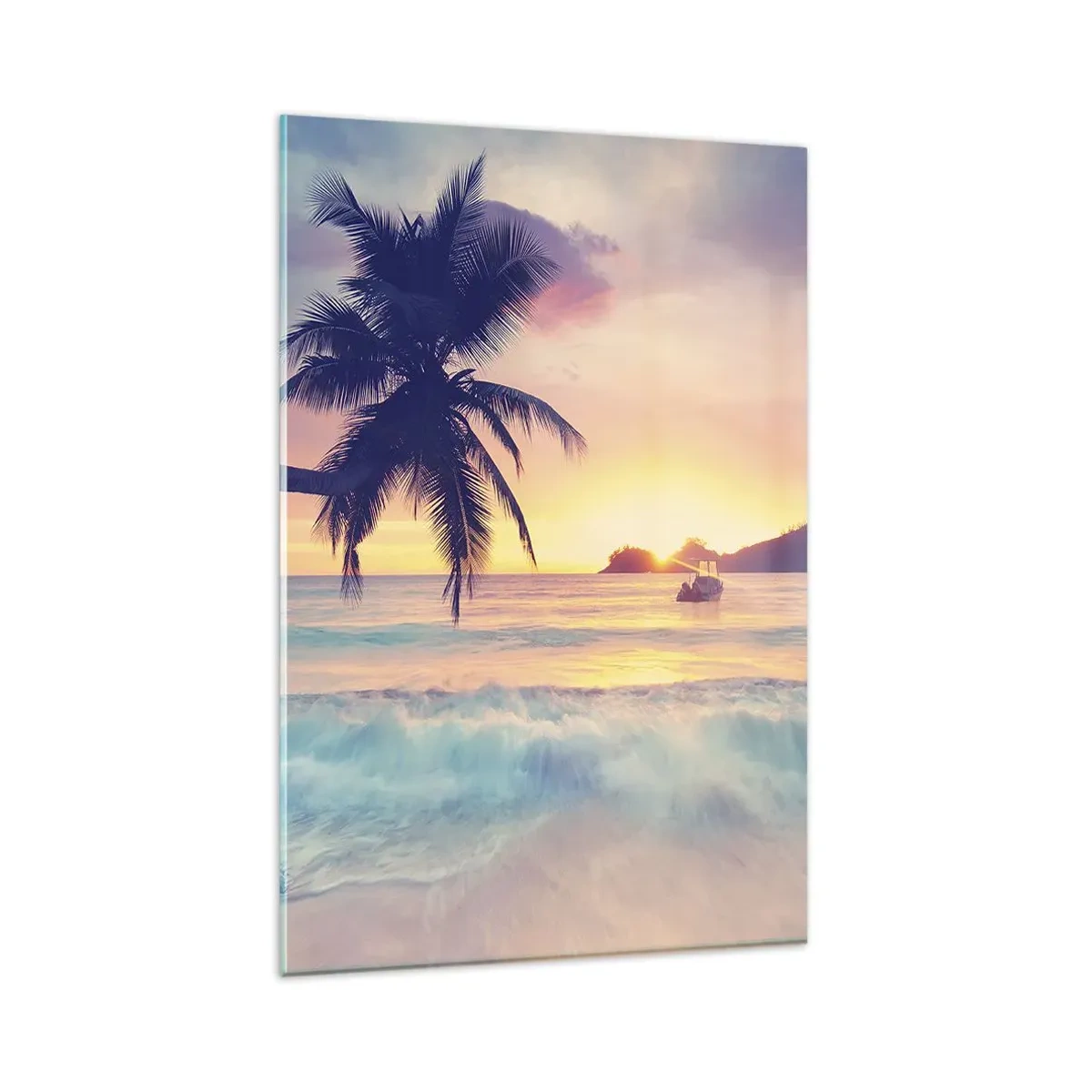 Quadro su vetro - Spiaggia con una palma e un tramonto sull'oceano - 80x120cm - Sera nell'insenatura - Decorazione murale moderna per soggiorno e camera da letto ARTTOR