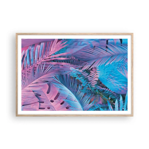 Poster in cornice rovere chiaro - Tropici in rosa e blu - 100x70 cm