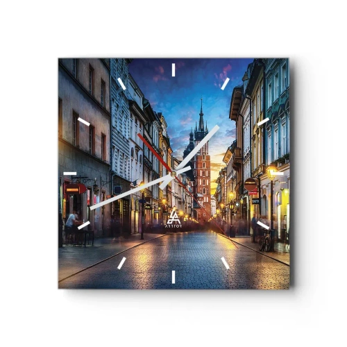 Orologio da parete - Orologio in Vetro - Strada serale con vista sulla Cattedrale di Cracovia - 30x30cm - La magia di Cracovia - Decorazione murale moderna per soggiorno e camera da letto ARTTOR