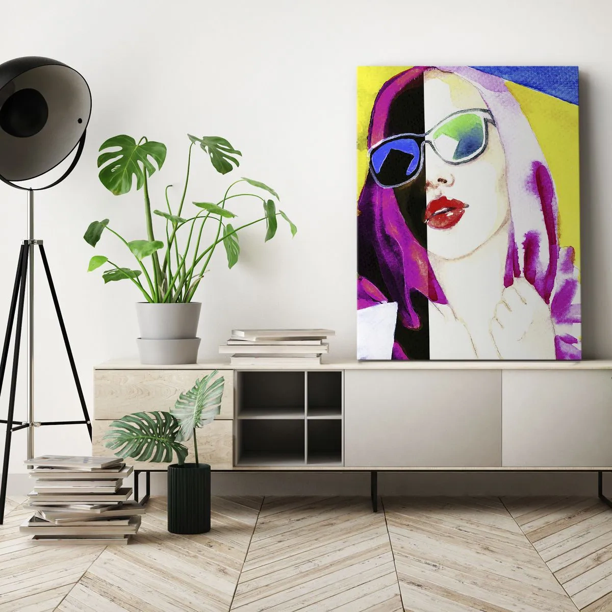 Quadro su tela - Stampe su Tela - Ritratto colorato di una donna che indossa occhiali da sole - 70x100cm - Non sono bianca e non sono nera - Decorazione murale moderna per soggiorno e camera da letto ARTTOR