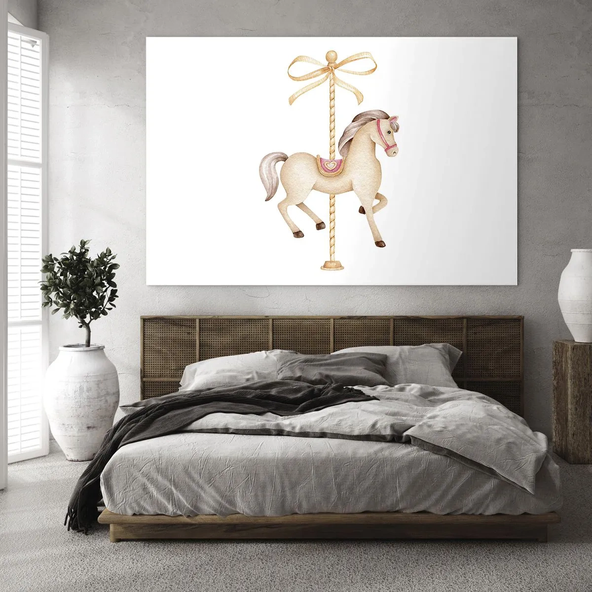 Quadro su vetro - Cavallo da giostra beige con fiocco su sfondo bianco - 70x50cm - Trotto aggraziato - Decorazione murale moderna per soggiorno e camera da letto ARTTOR