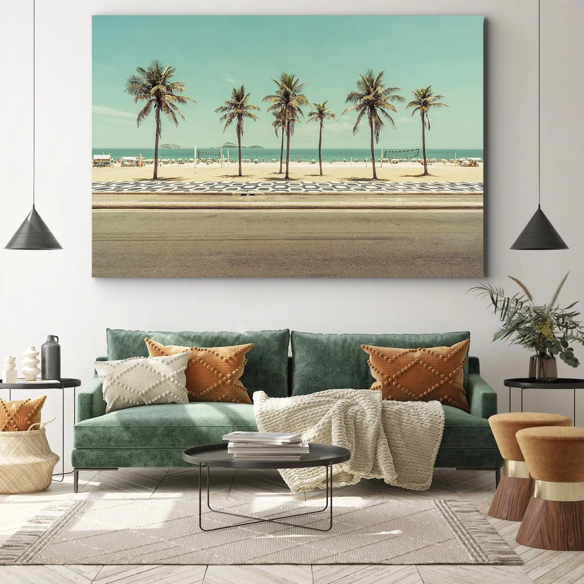 Quadro su tela - Stampe su Tela - Palme sulla spiaggia con vista sul mare e sul cielo azzurro - 100x70cm - A guardia della spiaggia - Decorazione murale moderna per soggiorno e camera da letto ARTTOR