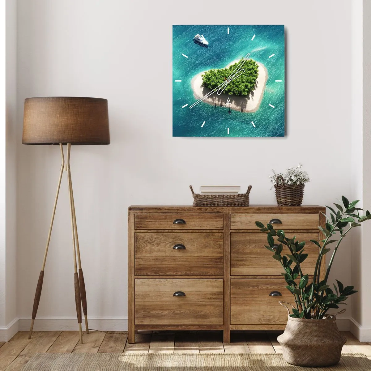 Orologio da parete - Orologio in Vetro - Un'isola romantica a forma di cuore in un mare turchese - 30x30cm - Amo l'estate - Decorazione murale moderna per soggiorno e camera da letto ARTTOR