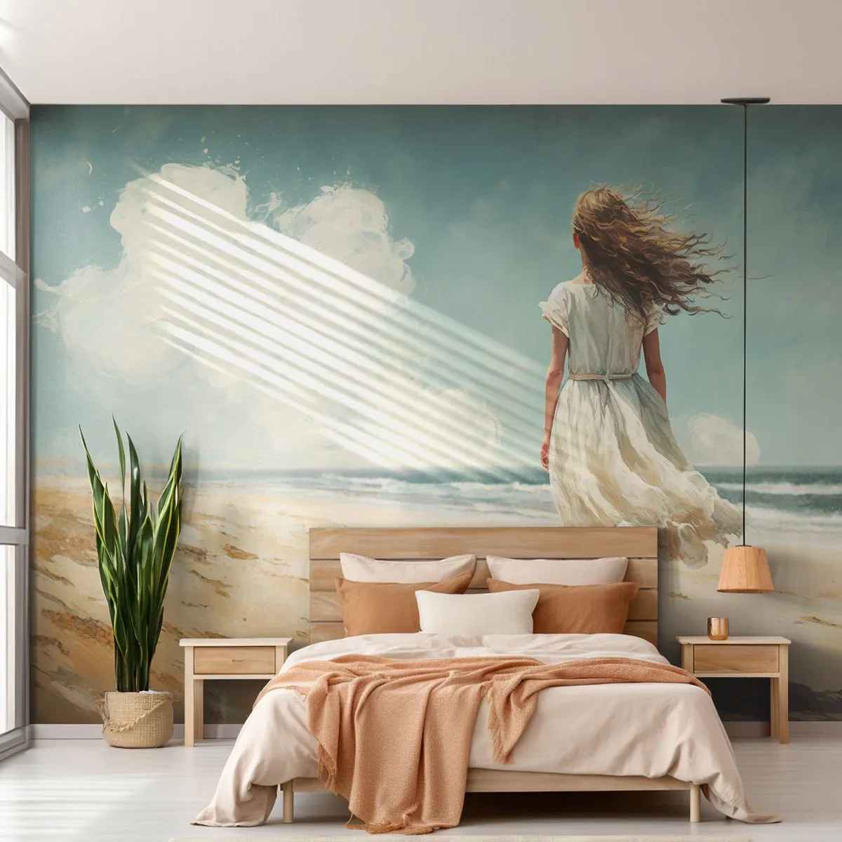 Fotomurali Premium Sand - Una donna in abito bianco che cammina sulla spiaggia - 100x70cm - Dove sole e vento si incontrano - Decorazione murale moderna per soggiorno e camera da letto ARTTOR