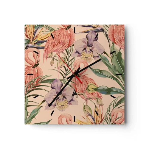 Orologio da parete - Orologio in Vetro - Fenicotteri e fiori tropicali su uno sfondo chiaro - 30x30cm - Un ballo rosa nei fiori - Decorazione murale moderna per soggiorno e camera da letto ARTTOR